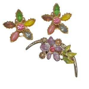 Vintage Multi Color Flower Rhinestone Earrings And Brooch